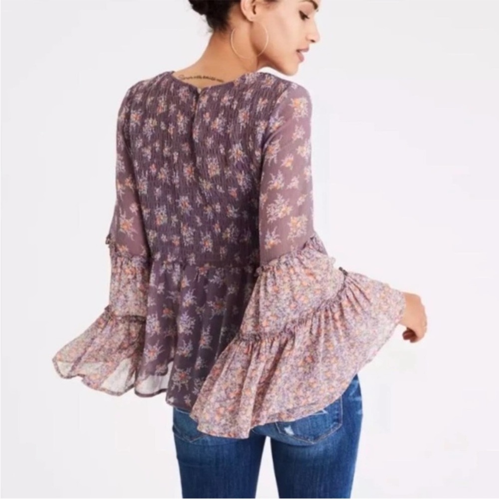 American Eagle Sheer Floral Bell Sleeve Blouse Size Small Hippie Summer - Picture 8 of 8